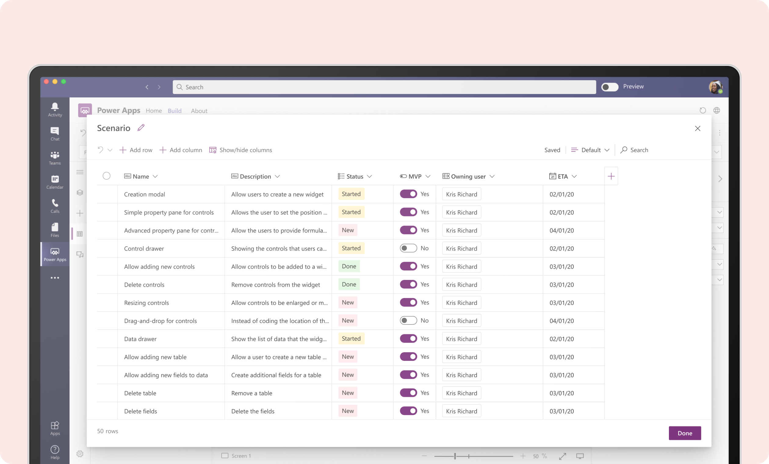 Dataverse for Teams grid shown on a laptop